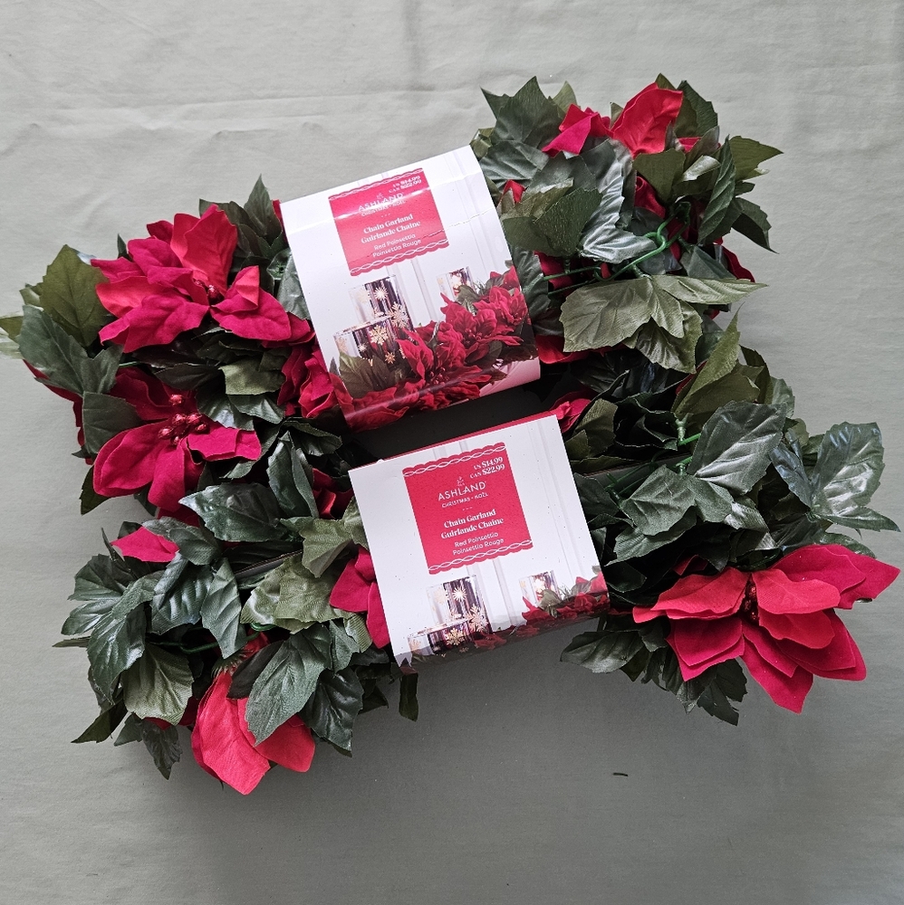 NEW Set of Two x 6ft Red Poinsettia Chain Christmas Garland Ashland Decor